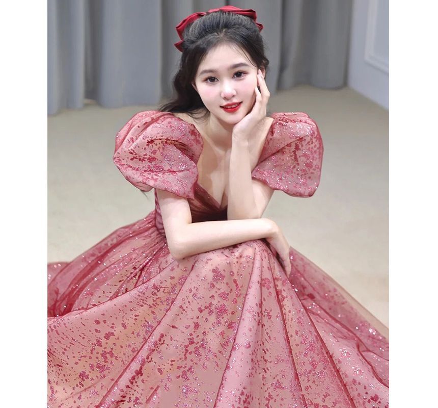 A-Line Sequined Gown Evening Neckline Puff-Sleeve Sweetheart