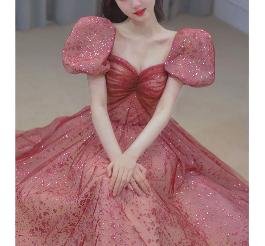 A-Line Sequined Gown Evening Neckline Puff-Sleeve Sweetheart