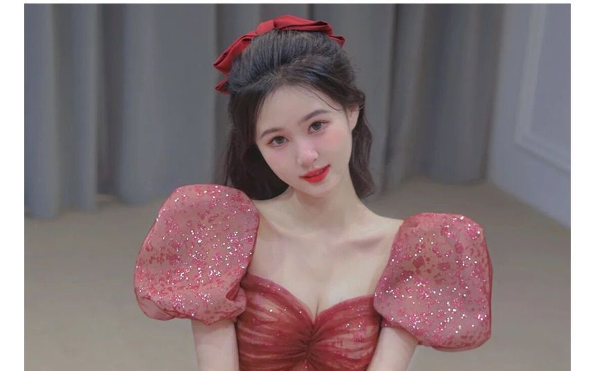 A-Line Sequined Gown Evening Neckline Puff-Sleeve Sweetheart