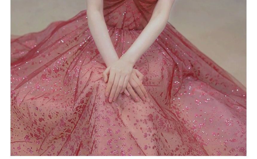 A-Line Sequined Gown Evening Neckline Puff-Sleeve Sweetheart