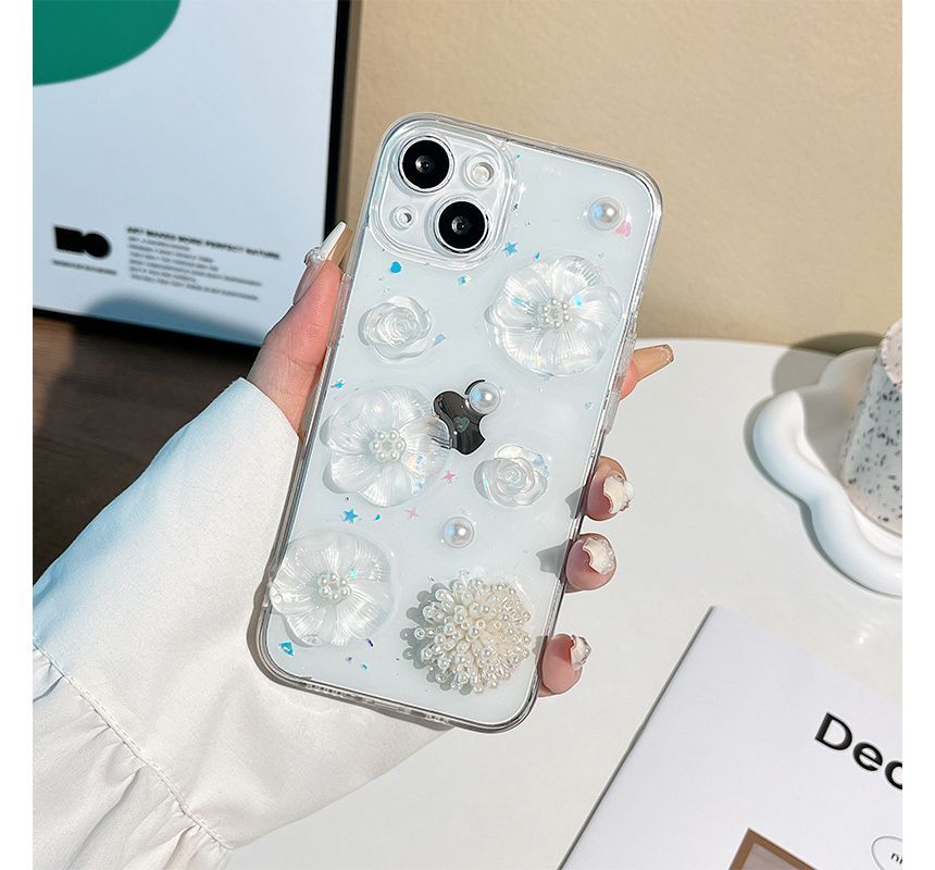 Transparent Pearl Floral Case Phone Faux