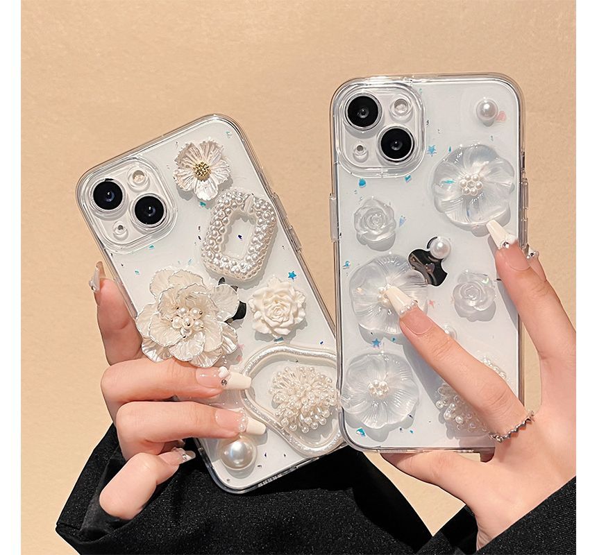 Transparent Pearl Floral Case Phone Faux