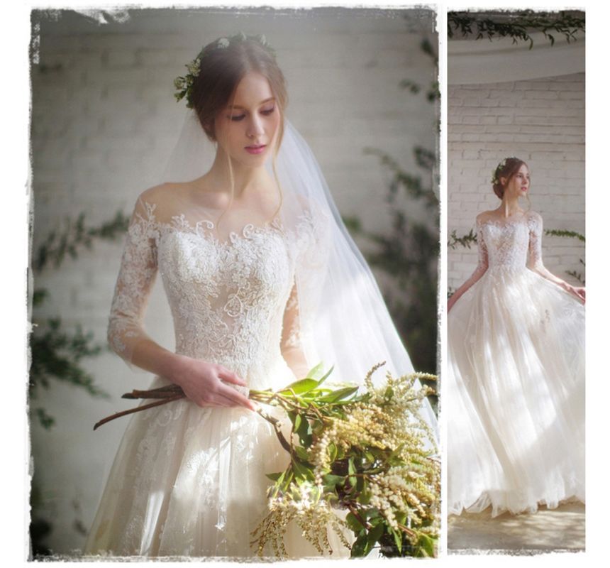 Wedding A-Line 3/4-Sleeve Lace Gown