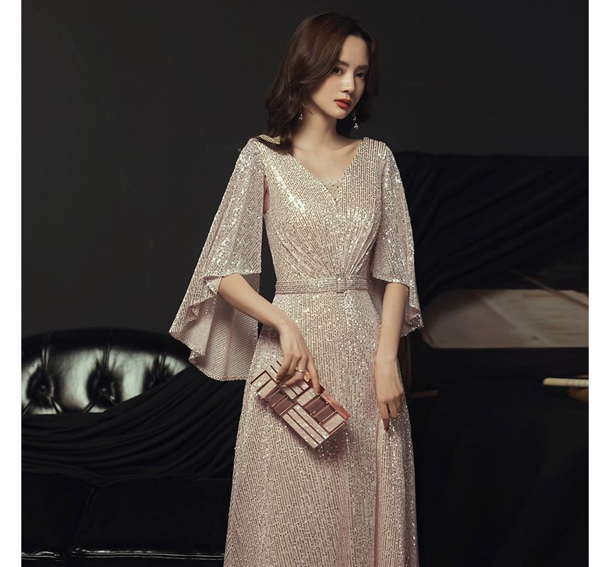 Gown A-Line Sequined Evening V-Neck Belted Elbow-Sleeve