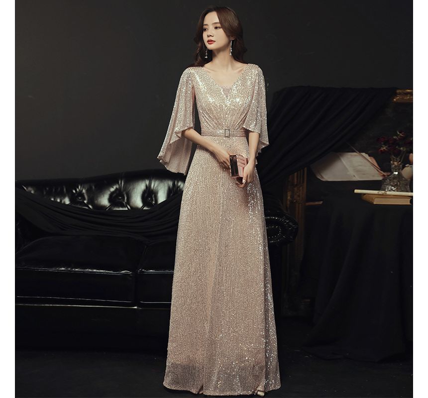 Gown A-Line Sequined Evening V-Neck Belted Elbow-Sleeve
