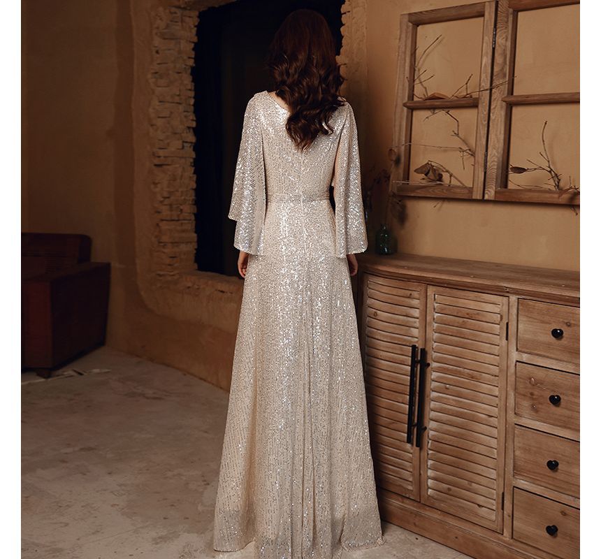 Gown A-Line Sequined Evening V-Neck Belted Elbow-Sleeve