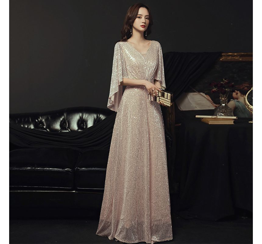Gown A-Line Sequined Evening V-Neck Belted Elbow-Sleeve