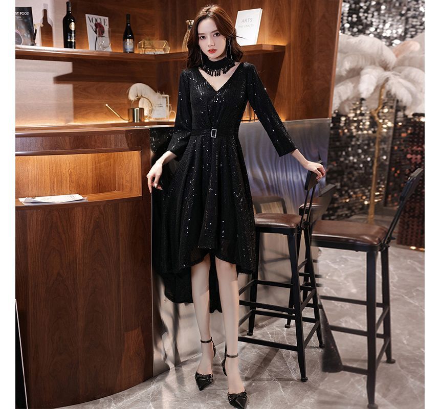 Gown A-Line Sequined Evening V-Neck Belted Elbow-Sleeve