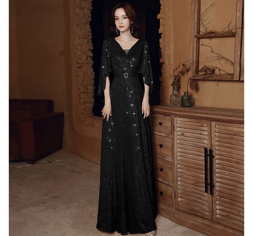 Gown A-Line Sequined Evening V-Neck Belted Elbow-Sleeve