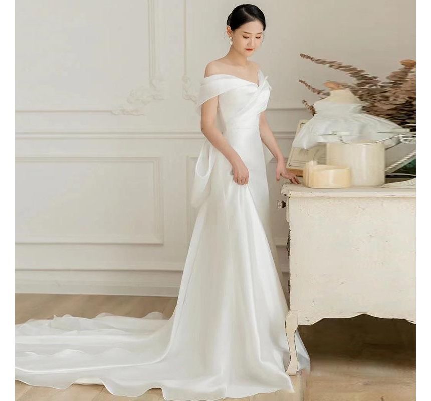 Wedding Gown Off-Shoulder Bow-Back Shirred A-Line