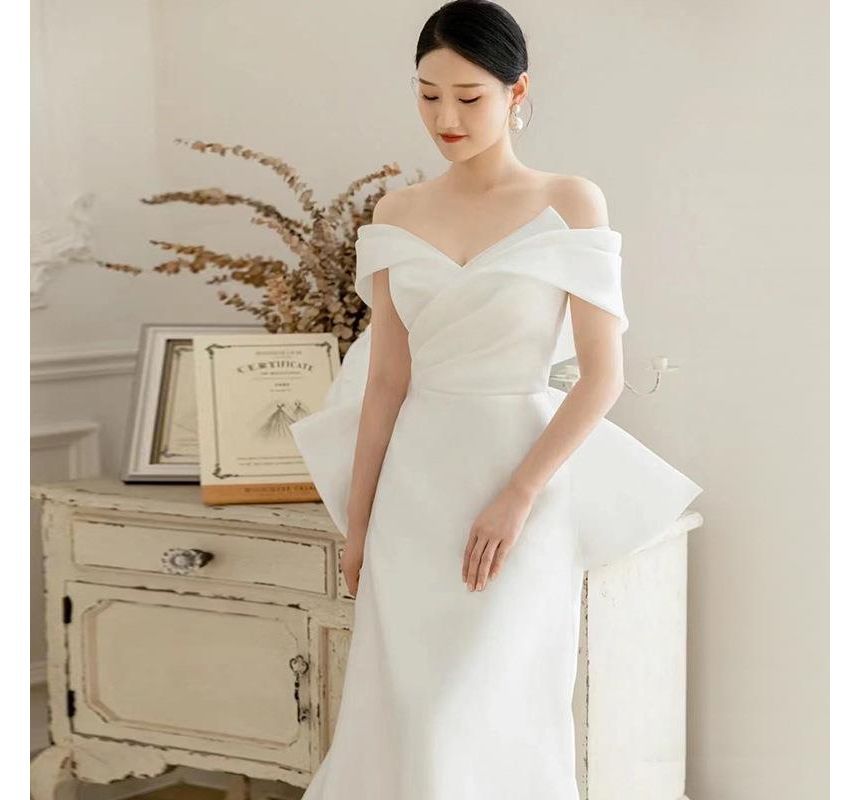 Wedding Gown Off-Shoulder Bow-Back Shirred A-Line