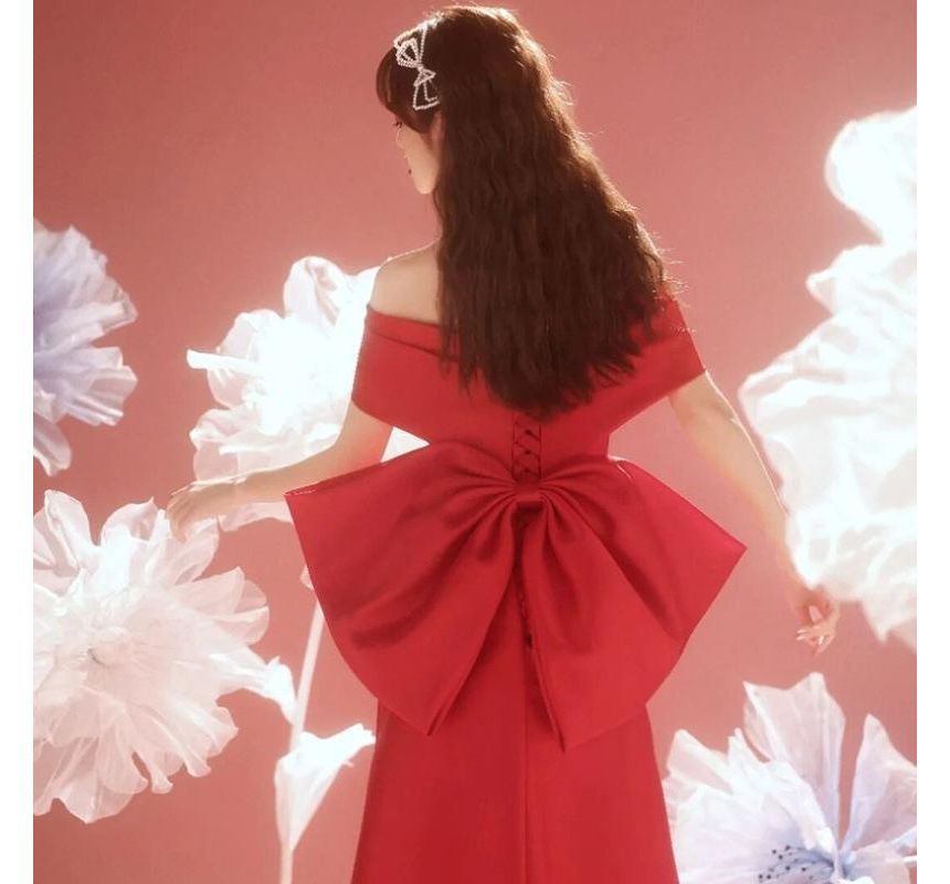 Wedding Gown Off-Shoulder Bow-Back Shirred A-Line