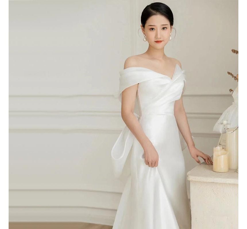 Wedding Gown Off-Shoulder Bow-Back Shirred A-Line