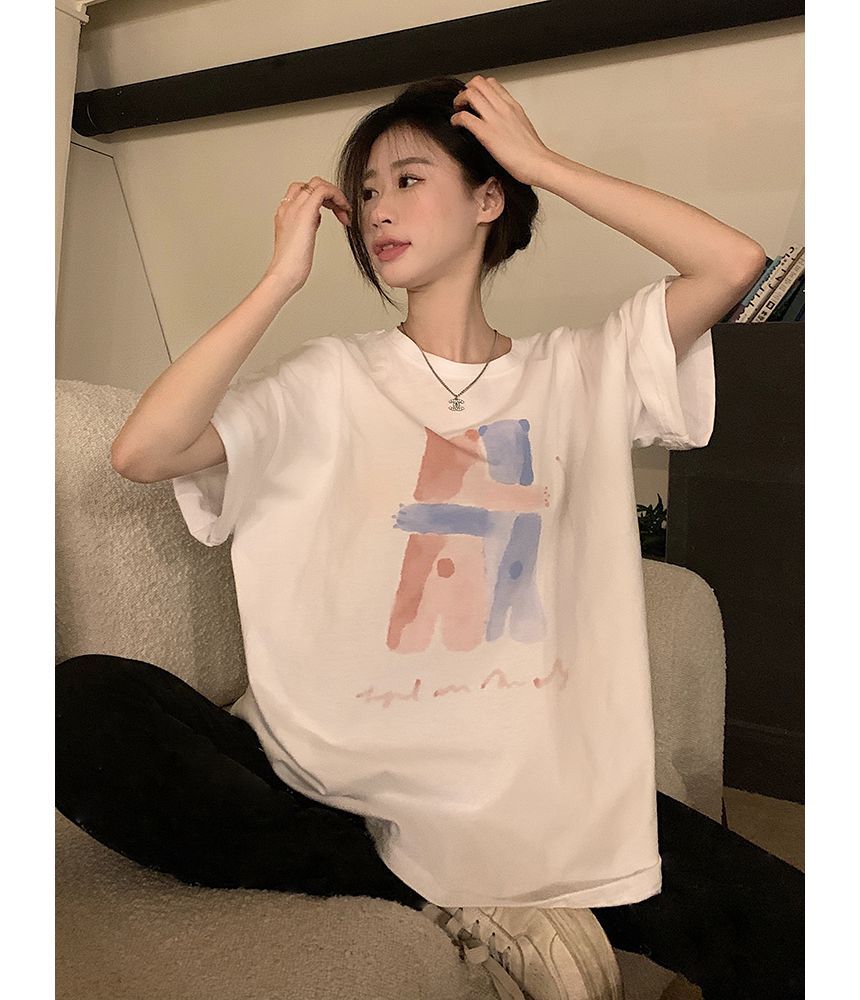 Neck T-Shirt Print Crew Illustration Elbow-Sleeve
