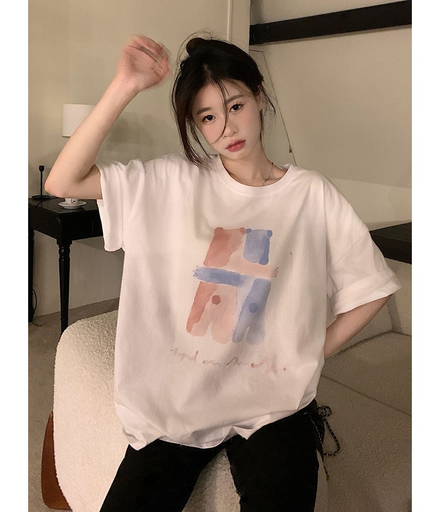Neck T-Shirt Print Crew Illustration Elbow-Sleeve