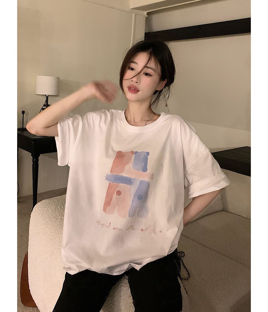 Neck T-Shirt Print Crew Illustration Elbow-Sleeve
