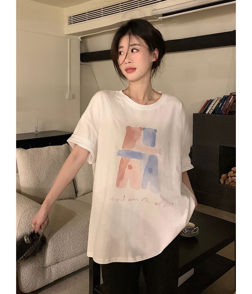 Neck T-Shirt Print Crew Illustration Elbow-Sleeve