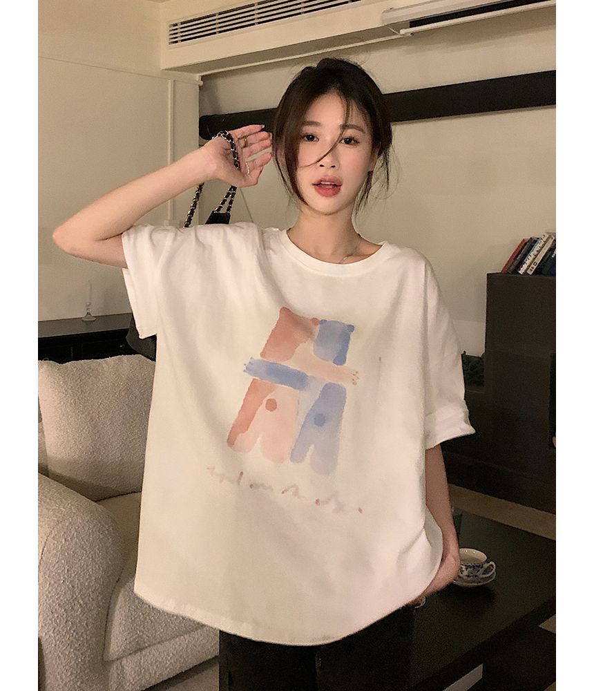 Neck T-Shirt Print Crew Illustration Elbow-Sleeve