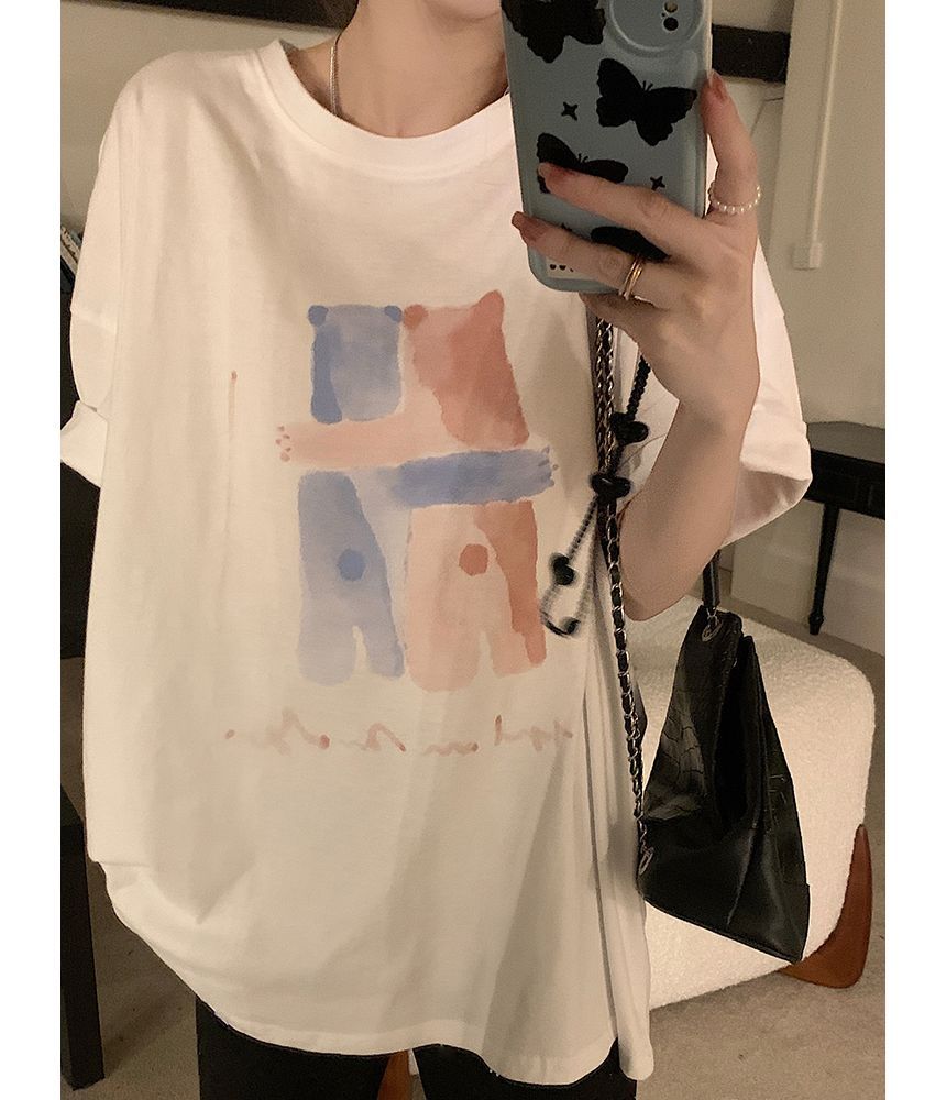 Neck T-Shirt Print Crew Illustration Elbow-Sleeve