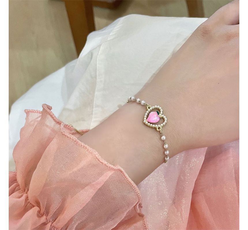 Heart Bracelet Faux Peach Pearl