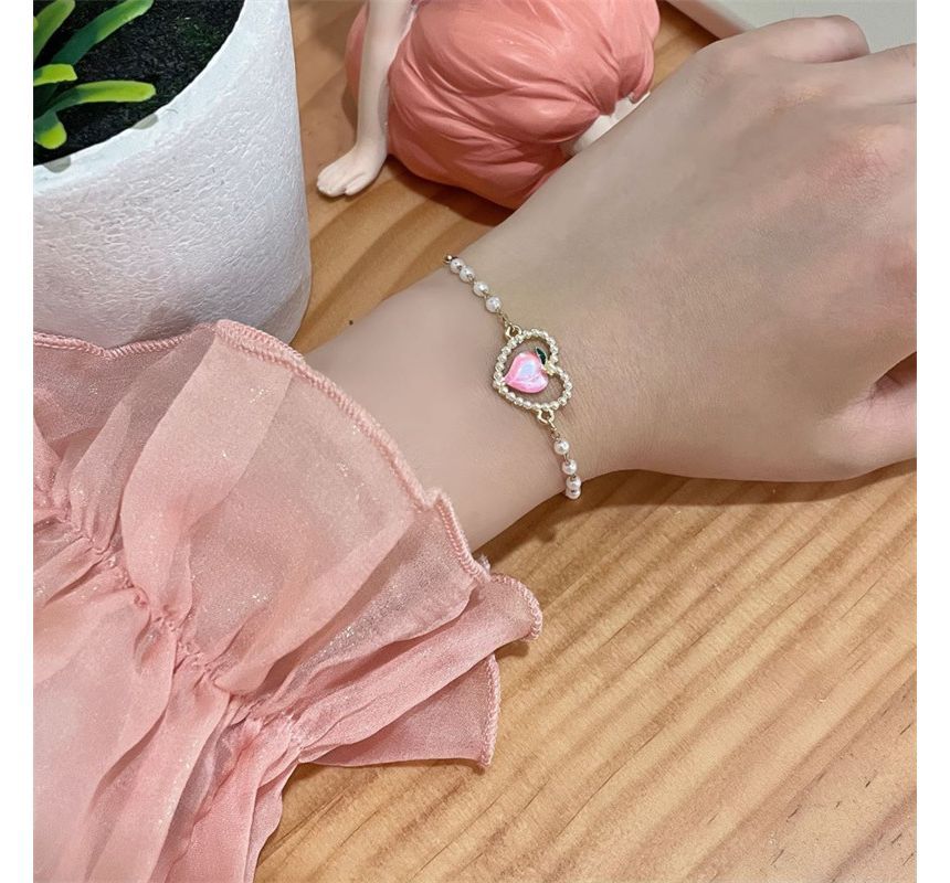 Heart Bracelet Faux Peach Pearl
