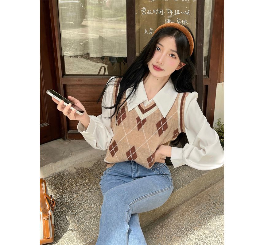 Vest Argyle Sweater Puff-Sleeve Shirt V-Neck / Plain