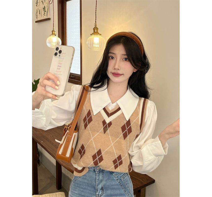 Vest Argyle Sweater Puff-Sleeve Shirt V-Neck / Plain