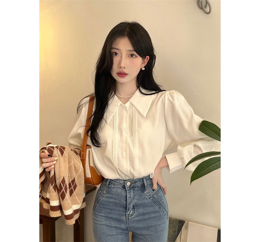 Vest Argyle Sweater Puff-Sleeve Shirt V-Neck / Plain