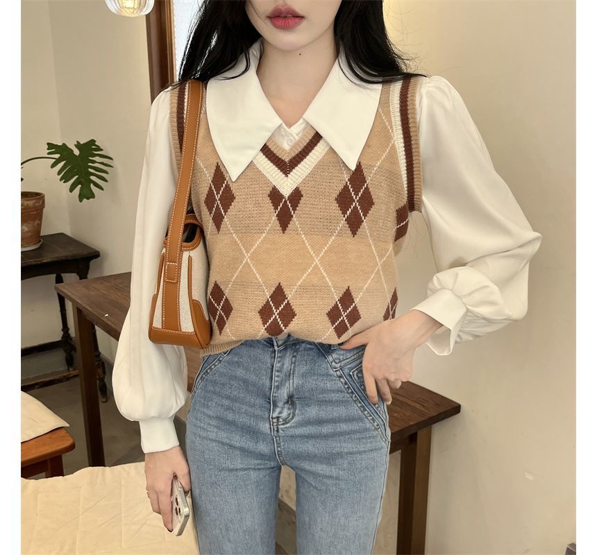 Vest Argyle Sweater Puff-Sleeve Shirt V-Neck / Plain