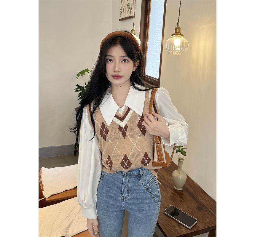 Vest Argyle Sweater Puff-Sleeve Shirt V-Neck / Plain