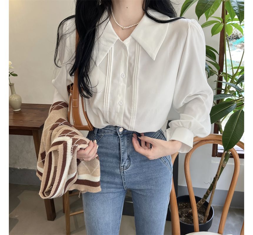 Vest Argyle Sweater Puff-Sleeve Shirt V-Neck / Plain