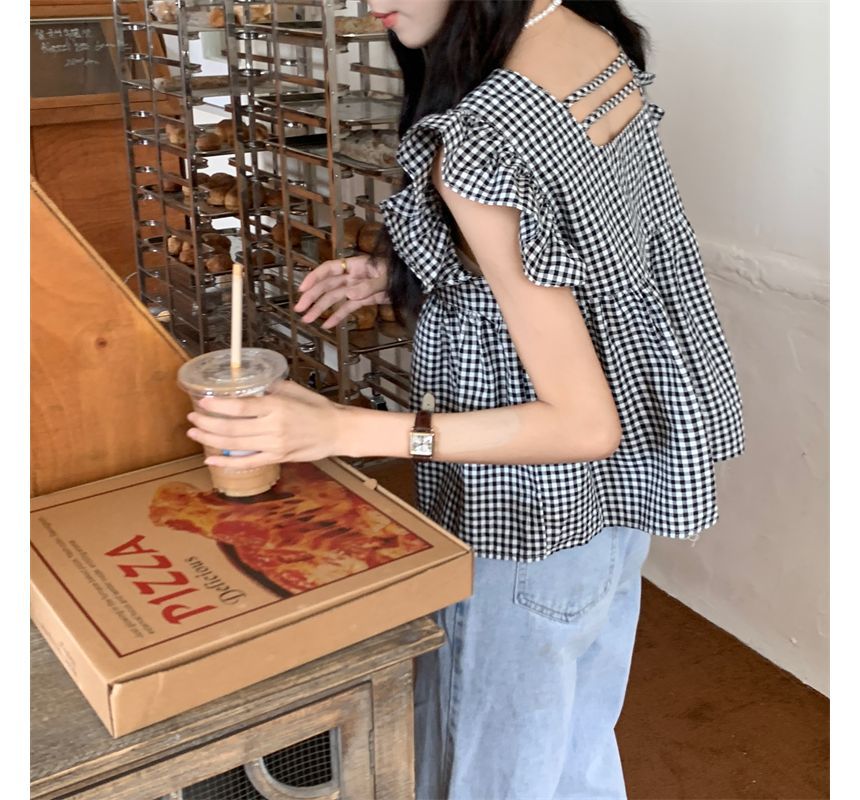 Blouse Sleeveless Gingham Ruffle