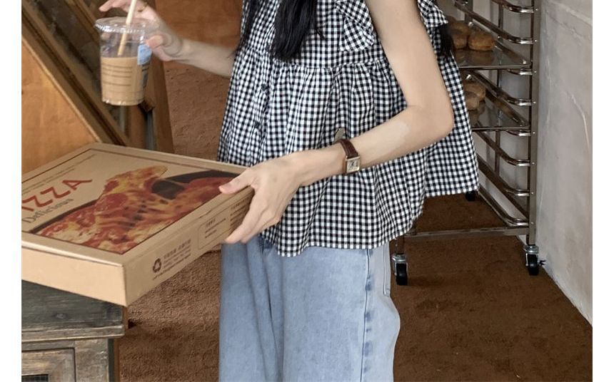 Blouse Sleeveless Gingham Ruffle