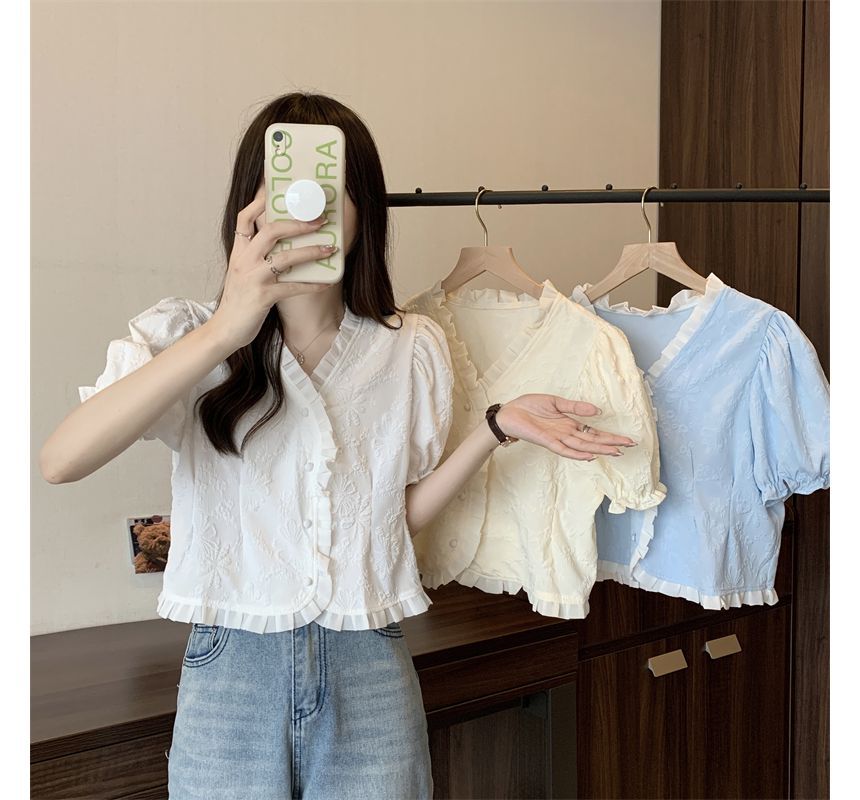 Frill Blouse V-Neck Jacquard Short-Sleeve