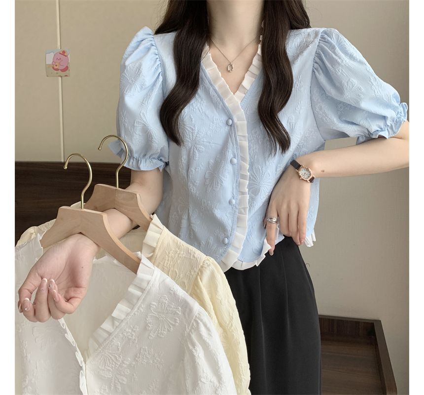 Frill Blouse V-Neck Jacquard Short-Sleeve