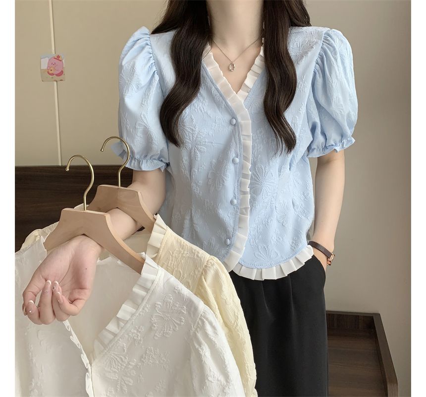 Frill Blouse V-Neck Jacquard Short-Sleeve