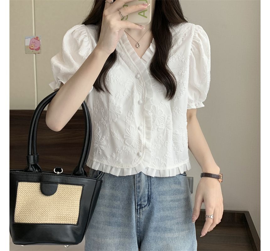 Frill Blouse V-Neck Jacquard Short-Sleeve