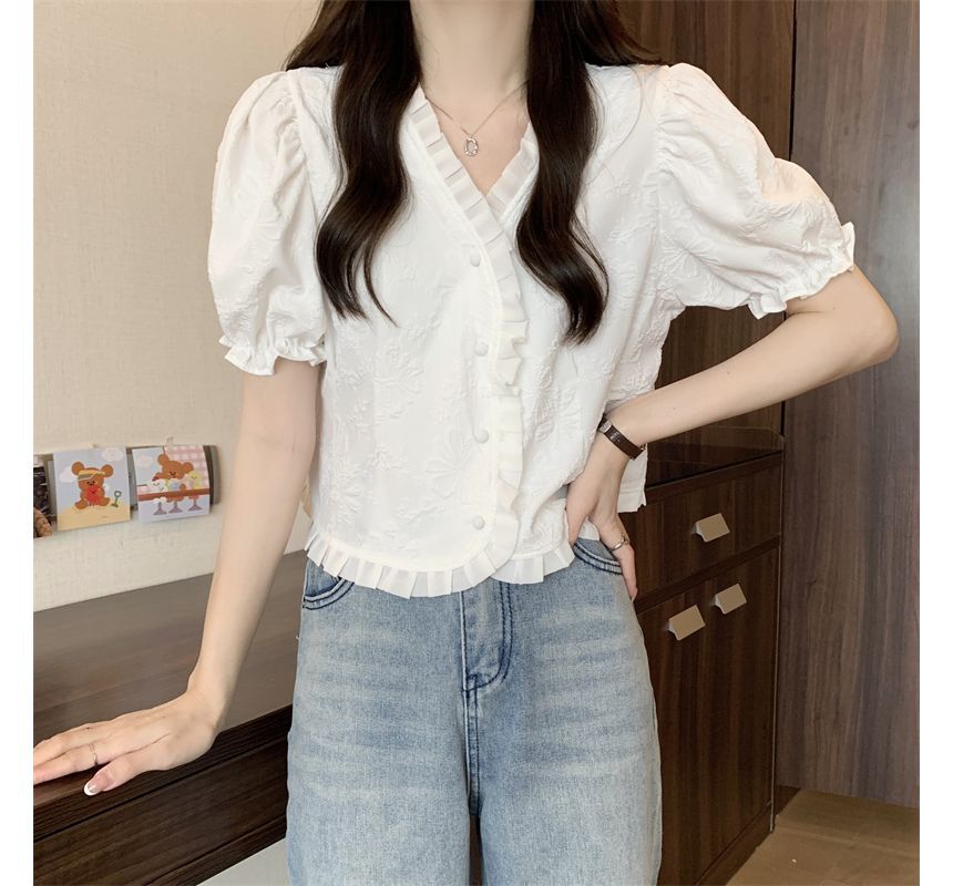Frill Blouse V-Neck Jacquard Short-Sleeve