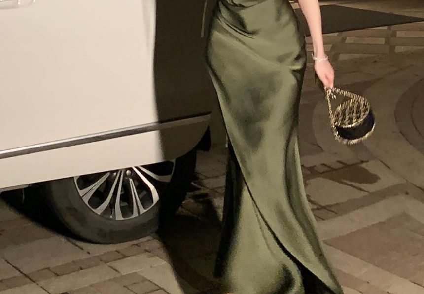 Spaghetti Evening Dress Gown Mermaid Strap Plain Scoop Neck