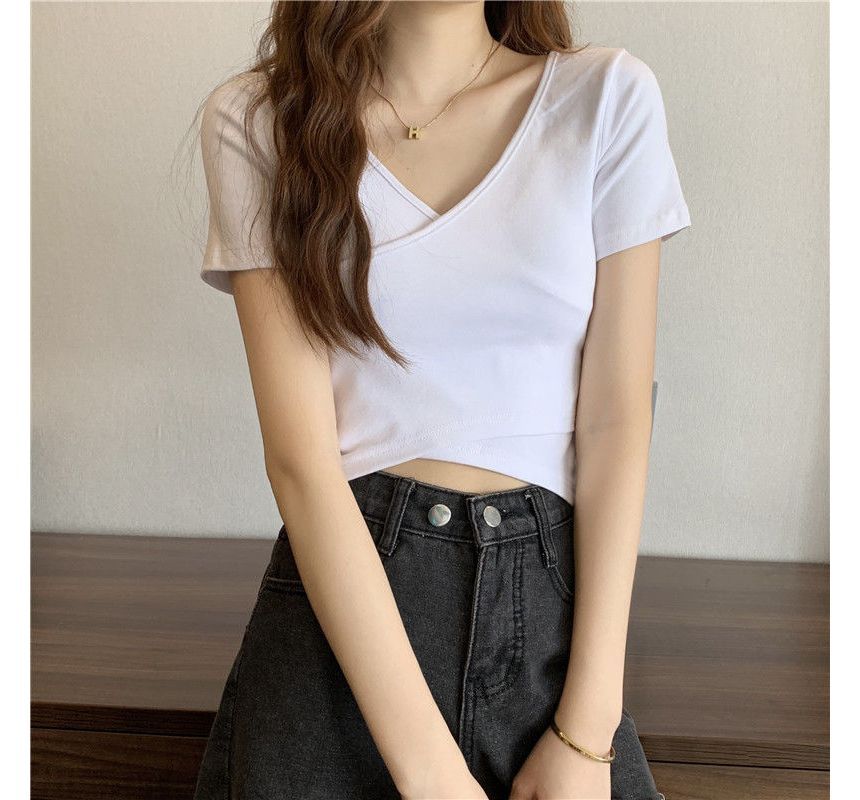 T-Shirt V-Neck Short-Sleeve Plain Wrap Crop