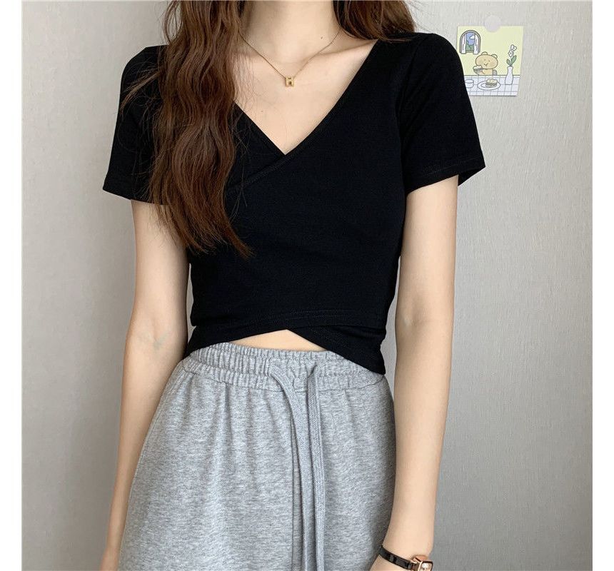 T-Shirt V-Neck Short-Sleeve Plain Wrap Crop