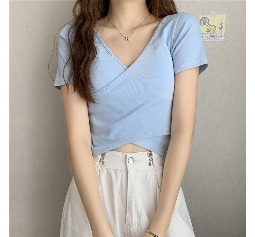 T-Shirt V-Neck Short-Sleeve Plain Wrap Crop