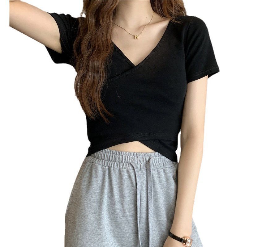 T-Shirt V-Neck Short-Sleeve Plain Wrap Crop