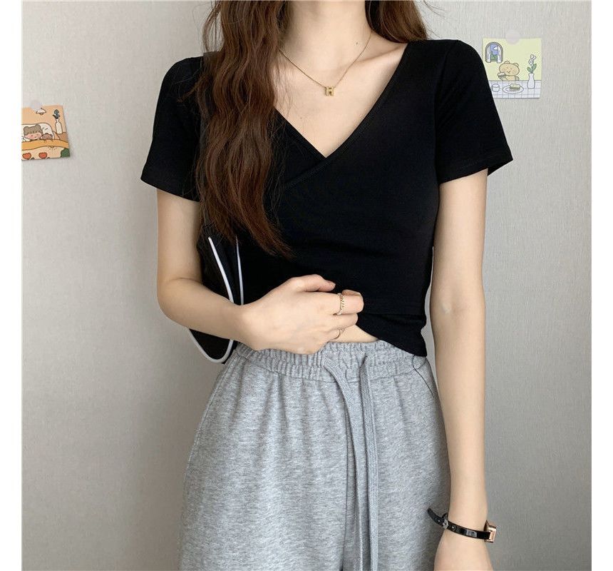 T-Shirt V-Neck Short-Sleeve Plain Wrap Crop