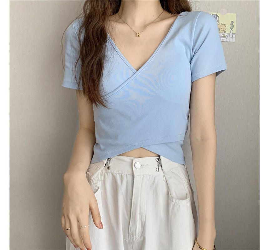 T-Shirt V-Neck Short-Sleeve Plain Wrap Crop