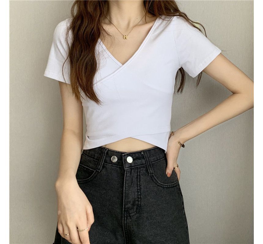 T-Shirt V-Neck Short-Sleeve Plain Wrap Crop