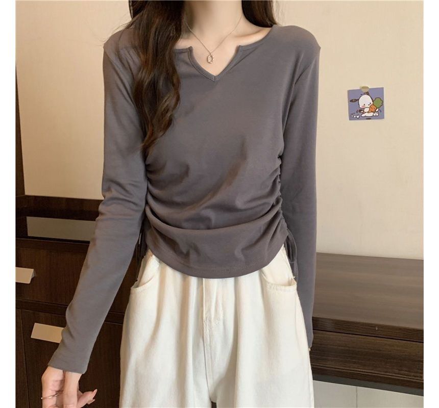 V-Neck T-Shirt Drawstring Long-Sleeve Plain