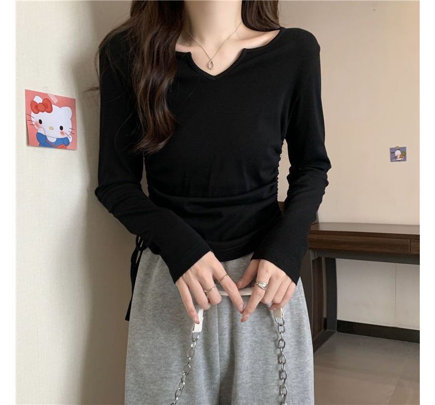 V-Neck T-Shirt Drawstring Long-Sleeve Plain