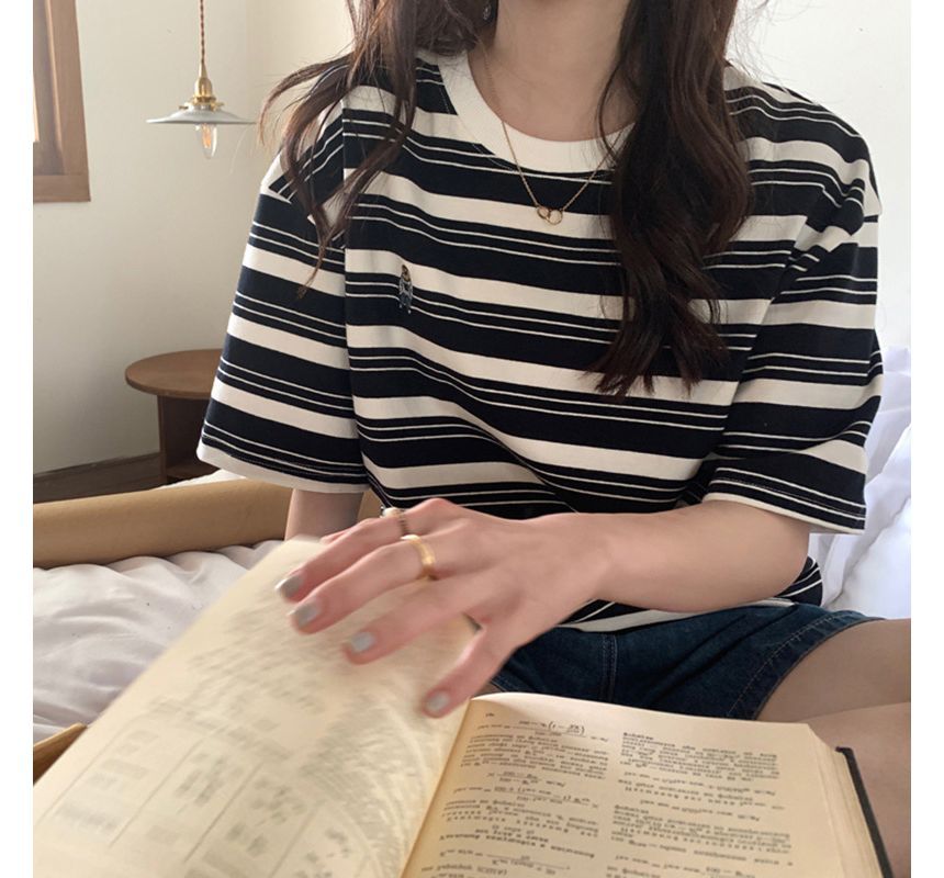 T-Shirt Crew Striped Neck Short-Sleeve