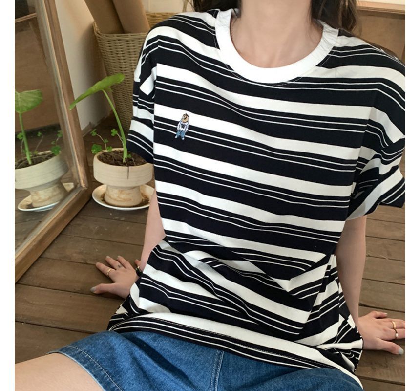 T-Shirt Crew Striped Neck Short-Sleeve